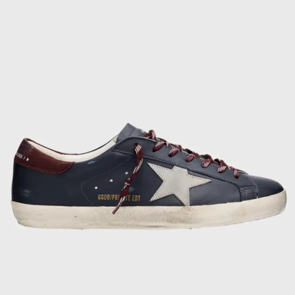 Golden Goose Men's Super-Star Leather Low-Top Sneakers in Navy / Grey / Burgundy